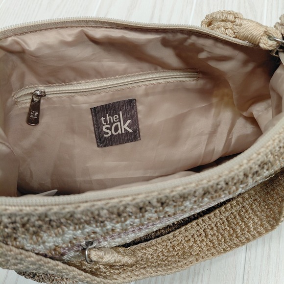 The Sak Brown Tan Beige Stripe Crochet Shoulder Boho Bag Purse - Picture 7 of 10